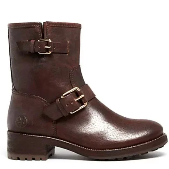 Tory Burch Chrystie genuine leather brown buckle moto boots chunky heel size 8.5 - Picture 1 of 11